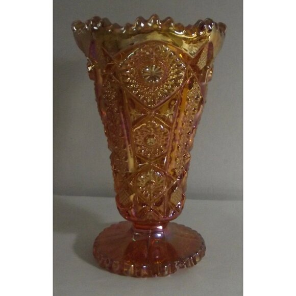 Imperial Glass Ohio Vase Footed Amber Carnival 6-1/4" Daisy and Button gold - Picture 5 of 12